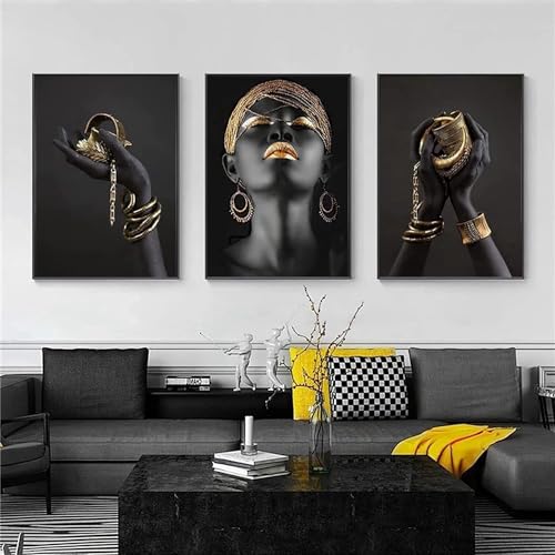 Moderne Leinwand Bild Gold Schwarze Lippen Leinwandbild, Weibliches Wohnzimmer, Schlafzimmer, Home Decoration Poster, Gerahmtes Poster (Stil 1,20X30CM*3) von LPFNSF