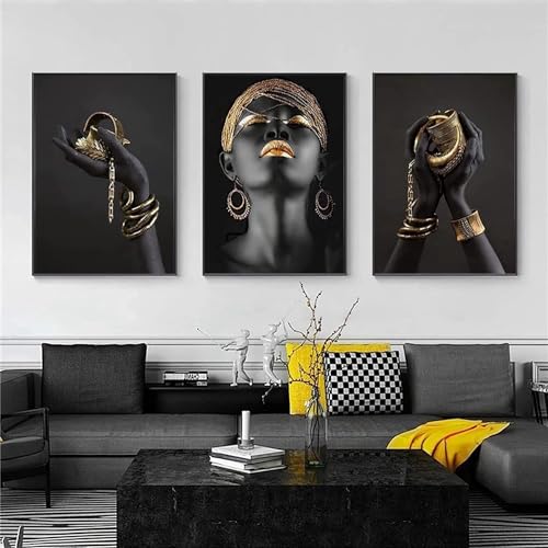 Moderne Leinwand Bild Gold Schwarze Lippen Leinwandbild, Weibliches Wohnzimmer, Schlafzimmer, Home Decoration Poster, Gerahmtes Poster (Stil 1,40X60CM*3) von LPFNSF