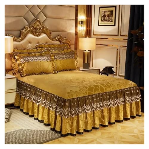 LPHFDCS Betthusse 1PC Bettrock aus Samtspitze, rutschfeste Schutzhülle, Dickes schönes Bett, warme Bettwäsche for Herbst und Winter Bettrock(Golden,2PCS Pillowcases) von LPHFDCS