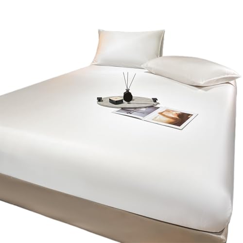 LPHFDCS Silk Bed Sheets Natural Mulberry Silk Bed Fitted Sheet Deep 25CM Real Silk Mattress Cover Size Bedding Sheets Ice Silk Sheetets (White, 90x200x25cm) von LPHFDCS