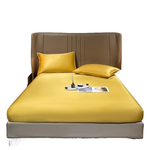 LPHFDCS Silk Bed Sheets Natural Mulberry Silk Bed Fitted Sheet Deep 25CM Real Silk Mattress Cover Size Bedding Sheets Ice Silk Sheetets (Yellow, 160 x 200 x 25 cm) von LPHFDCS