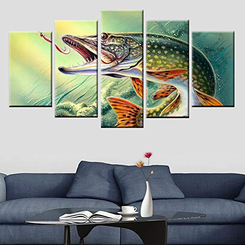 LPHMMD 5 Stück Leinwandmalerei 5 Panel Druck Angeln hecht Fisch malerei Poster leinwand malerei Wohnzimmer Schlafzimmer Dekoration malerei HD druck-30x40cm 30x60cm 30x80cm von LPHMMD