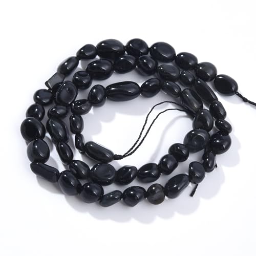 Natürliche runde Edelsteinperlen, Citrin-Kieselstein, Nugget, oval, freier Trommelstein, 6–8 mm, natürliche Edelstein-Loseperlen, ca. 39,4 cm, for die Herstellung von DIY-Schmuck(Black Obsidian) von LPLPL