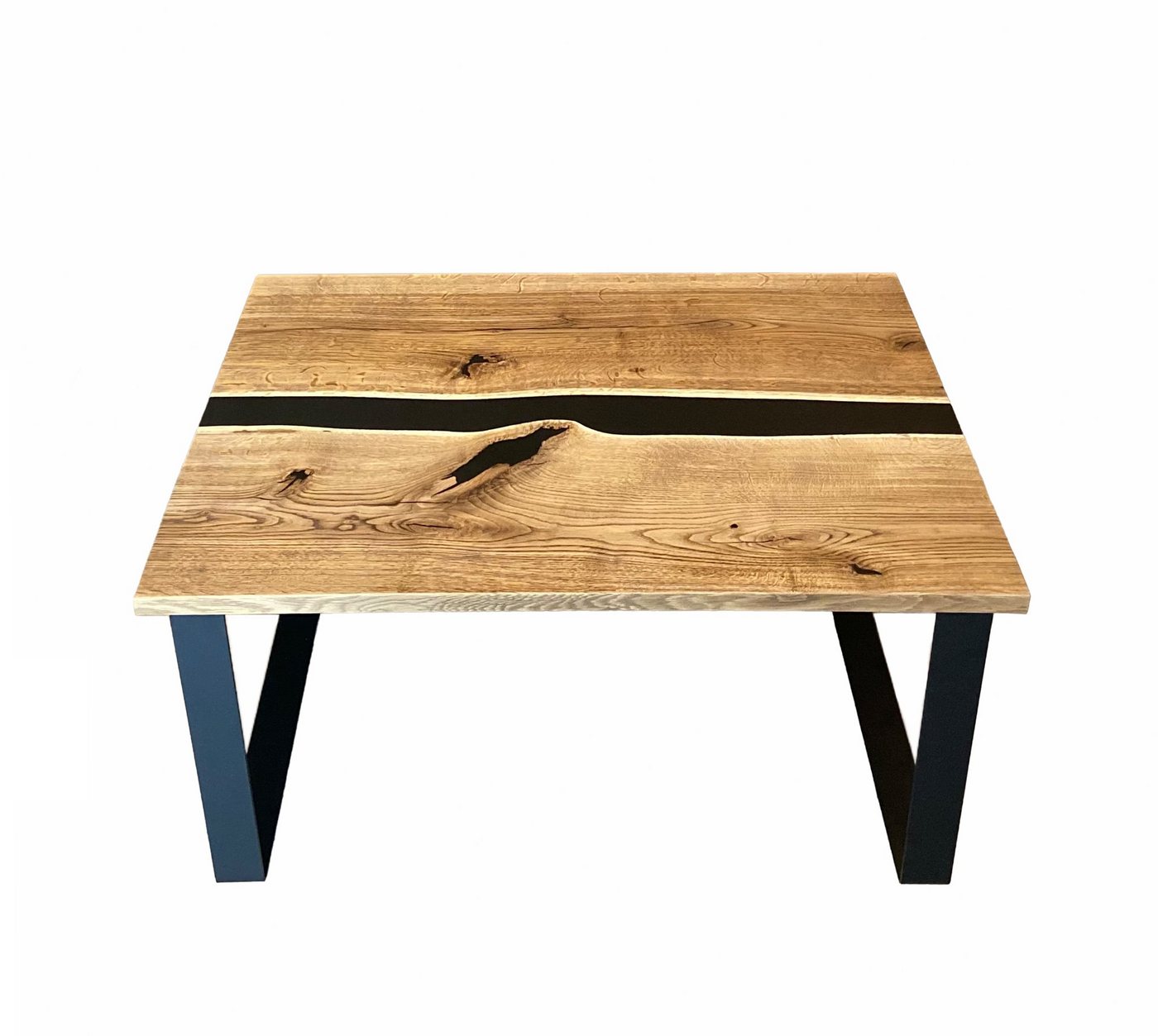 LPManufaktur Couchtisch Epoxidharz Eiche schwarz Stahl Rivertable Holz Industrial Design, modernes handgefertigtes Design aus Deutschland von LPManufaktur