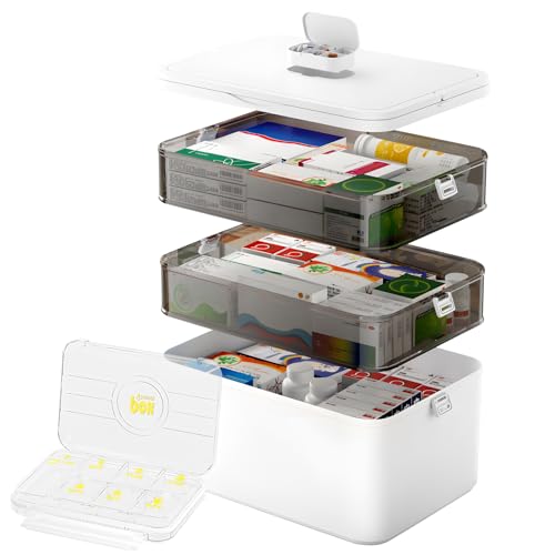 LPQKCcY Medikamenten Aufbewahrung, Medizinbox mit Tablettenbox 7 Tage, Mehrzweck Hausapotheke Box mit Fächern 28 x 16 x 24 cm Medikamentenbox Groß Organizer für Hause Freien Reise Medikamentenkoffer von LPQKCcY