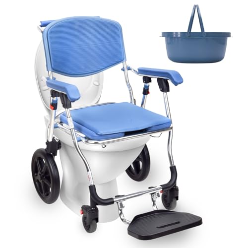 Duschstuhl mit Rollen, Duschrollstuhl, Toilettenstuhl mit Rollen, Toilettenstuhl für Senioren Fahrbar Klappbar | Toilettenrollstuhl mit Armlehne Rückenlehne, Maximale Tragfähigkeit von 150kg (Blau 3) Duschstuhl mit Rollen, Duschrollstuhl, Toilettenstuhl mit Rollen, Toilettenstuhl für Senioren Fahrbar Klappbar | Toilettenrollstuhl mit Armlehne Rückenlehne, Maximale Tragfähigkeit von 150kg (Blau 3) von LPRYAO