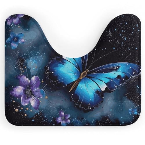 Galaxy Blue Butterfly U-förmiger WC-Vorleger – ultraweicher, super saugfähiger Badteppich mit rutschfester Unterseite, schnell trocknend, waschbar, Badezimmermatte für ovalen Toilettenboden von LPSADGF