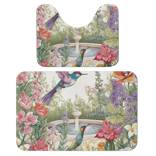 LPSADGF Badezimmerteppich-Set, Garten mit Vögeln und Blumen, weiches Badteppich-Set, 2-teilig, WC-Vorleger, U-förmig, 40 x 60 cm, schnell trocknende Matte für Badezimmer, Badewanne, waschbar, super von LPSADGF