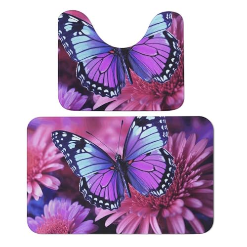 LPSADGF Badezimmerteppich-Set, Motiv: Schmetterlinge und Blumen, weiches Badteppich-Set, 2-teilig, WC-Vorleger, U-förmig, 50 x 80 cm, schnell trocknende Matte für Badezimmer, Badewanne, waschbar von LPSADGF