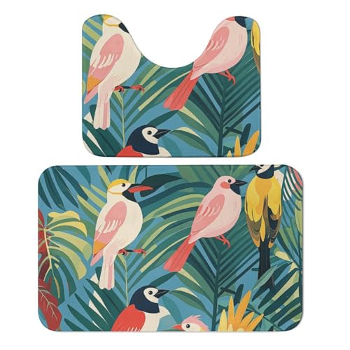 LPSADGF Badezimmerteppich-Set, tropische Vögel und Pflanzenblätter, weiches Badteppich-Set, 2-teilig, WC-Vorleger, U-förmig, 50 x 80 cm, schnell trocknende Matte für Badezimmer, Badewanne, waschbar von LPSADGF