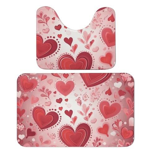 LPSADGF Badezimmerteppich-Set mit Valentinstag-Muster, weiches Badteppich-Set, 2-teilig, WC-Vorleger, U-förmig, 50 x 80 cm, schnell trocknende Matte für Badezimmer, Badewanne, waschbar, super von LPSADGF