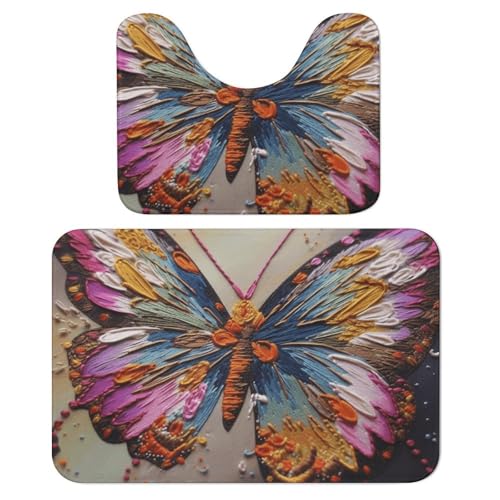 LPSADGF Badteppich-Set mit Stickerei, buntes Schmetterling-Design, weiches Badteppich-Set, 2-teilig, WC-Vorleger, U-förmig, 40 x 60 cm, schnell trocknende Matte für Badezimmer, Badewanne, waschbar von LPSADGF