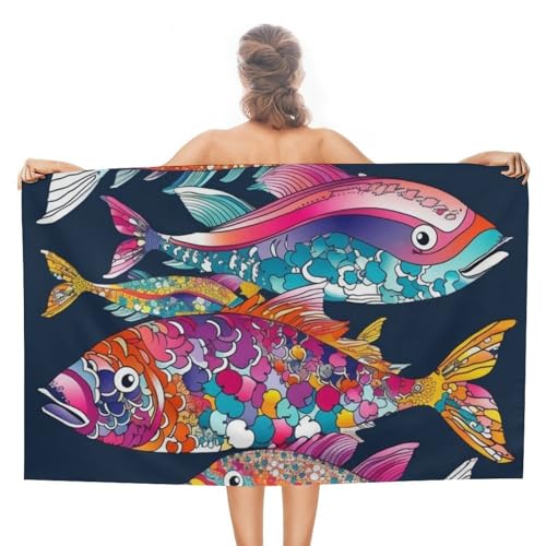 LPSADGF Buntes Fisch-Strandtuch – schnell trocknendes Mikrofaser-Reisehandtuch (129,5 x 78,7 cm), ultra saugfähig, kompakt und leicht, Pool-Handtücher für Schwimmen, Camping, Pool, einfach zu von LPSADGF
