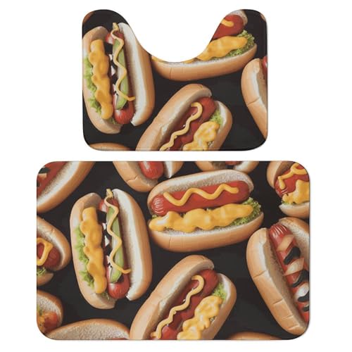LPSADGF Fun Food Hot Dogs Badezimmerteppich-Set, weiches Badteppich-Set, 2-teilig, WC-Vorleger, U-förmig, 40 x 60 cm, schnell trocknende Matte für Badezimmer, Badewanne, waschbar, super saugfähige von LPSADGF