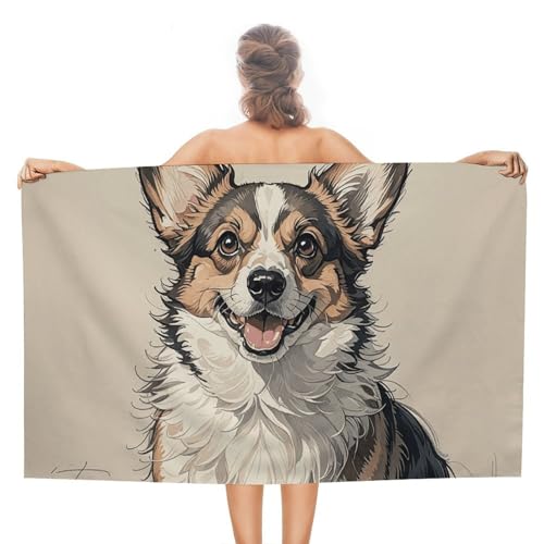 LPSADGF Handgezeichnetes Corgi-Strandtuch – schnell trocknendes Mikrofaser-Reisehandtuch (129,5 x 78,7 cm), ultra saugfähig, kompakt und leicht, Pool-Handtücher für Schwimmen, Camping, Pool, einfach von LPSADGF