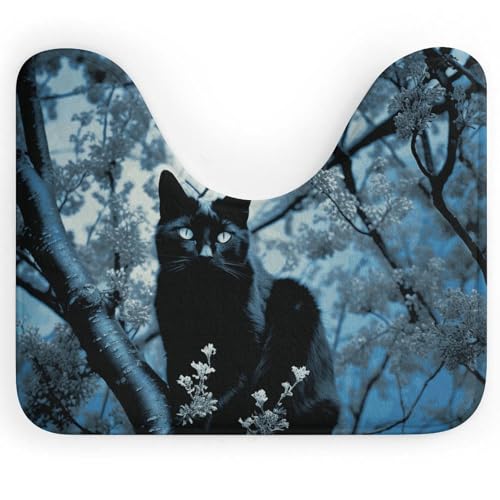 LPSADGF Schwarze Katze auf Baum, U-förmiger WC-Vorleger – ultraweicher, super saugfähiger Badteppich mit rutschfester Unterseite, schnell trocknend, waschbar, Badezimmermatte für ovalen Toilettenboden von LPSADGF
