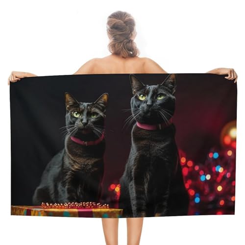 LPSADGF Strandtuch mit Katze, die auf Geschenkbox sitzt, schnell trocknendes Mikrofaser-Reisehandtuch (129,5 x 78,7 cm), ultra saugfähig, kompakt und leicht, Pool-Handtücher für Schwimmen, Camping von LPSADGF