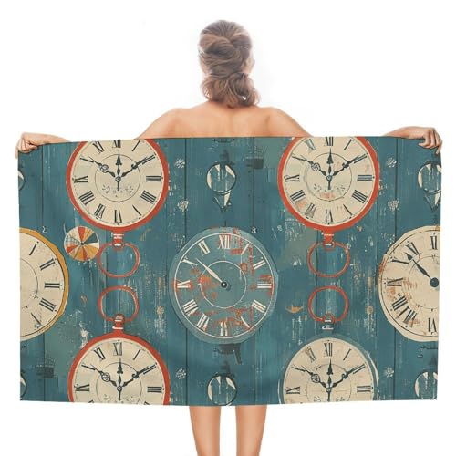 LPSADGF Strandtuch mit Retro-Uhr-Muster, schnell trocknendes Mikrofaser-Reisehandtuch (129,5 x 78,7 cm), ultra saugfähig, kompakt und leicht, Pool-Handtücher für Schwimmen, Camping, Pool, einfach zu von LPSADGF
