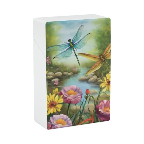 Libelle Garten Frühling Zigarettenetui - Tragbare Zigarettenbox Leichte Halterung Fall für Reisen Wasserdichte Kunststoff Zigarettenboxen Taschenformat Aufbewahrungsbox für 20 Zigaretten von LPSADGF