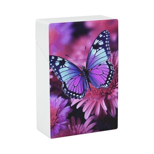 Lila Schmetterling und Blume Zigarettenetui - Tragbare Zigarettenschachtel Leichte Halterung Fall für Reisen Wasserdichte Kunststoff Zigarettenboxen Taschenformat Aufbewahrungsbox für 20 Zigaretten von LPSADGF
