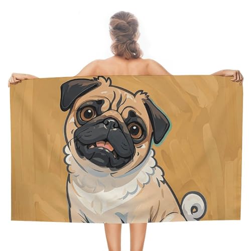 Lustiges Cartoon-Mops-Hunde-Strandtuch – schnell trocknendes Mikrofaser-Reisehandtuch (129,5 x 78,7 cm), ultra saugfähig, kompakt und leicht, Pool-Handtücher für Schwimmen, Camping, Pool, einfach zu von LPSADGF