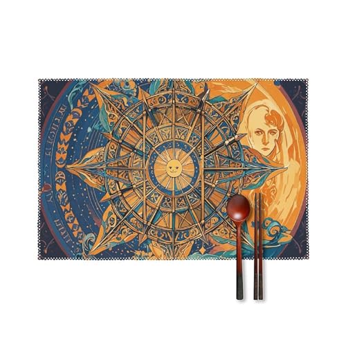 Mystic Tarotkarte Sonne und Mond Gesicht Tischsets Set mit 4 hitzebeständigen Platzsets rutschfeste harte Leinwand Tischmatten für Esszimmer, Innen- und Außenbereich, Urlaubsdekoration, waschbar und Mystic Tarotkarte Sonne und Mond Gesicht Tischsets Set mit 4 hitzebeständigen Platzsets rutschfeste harte Leinwand Tischmatten für Esszimmer, Innen- und Außenbereich, Urlaubsdekoration, waschbar und von LPSADGF