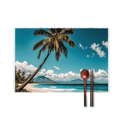 Palmen-Hawaii-Strand-Tischsets, 4er-Set, hitzebeständig, rutschfest, harte Leinwand, Tischmatten für Esszimmer, Innen- und Außenbereich, Urlaubsdekoration, waschbar und langlebig, 30,5 x 45,7 cm Palmen-Hawaii-Strand-Tischsets, 4er-Set, hitzebeständig, rutschfest, harte Leinwand, Tischmatten für Esszimmer, Innen- und Außenbereich, Urlaubsdekoration, waschbar und langlebig, 30,5 x 45,7 cm von LPSADGF
