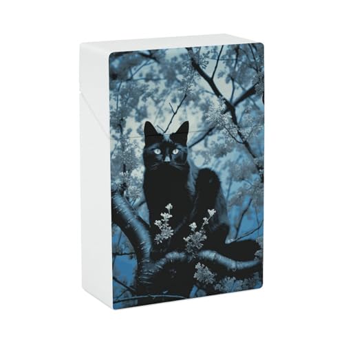 Schwarze Katze auf Baum Zigarettenetui - Tragbare Zigarettenschachtel Leichte Halterung Fall für Reisen Wasserdichte Kunststoff Zigarettenboxen Taschenformat Aufbewahrungsbox für 20 Zigaretten von LPSADGF