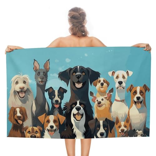 Strandtuch mit einer großen Gruppe von Hunden auf blauem Hintergrund, schnell trocknendes Mikrofaser-Reisehandtuch (129,5 x 78,7 cm), ultra saugfähig, kompakt und leicht, Pool-Handtücher für Schwimmen von LPSADGF