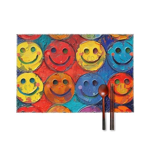 Tischsets mit buntem Smiley-Gesicht, hitzebeständig, rutschfest, harte Leinwand, Tischmatten für Esszimmer, Innen- und Außenbereich, Urlaubsdekoration, waschbar und langlebig, 30,5 x 45,7 cm, 4 Stück Tischsets mit buntem Smiley-Gesicht, hitzebeständig, rutschfest, harte Leinwand, Tischmatten für Esszimmer, Innen- und Außenbereich, Urlaubsdekoration, waschbar und langlebig, 30,5 x 45,7 cm, 4 Stück von LPSADGF