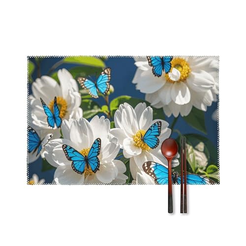 Tischsets mit weißen Blüten, blaue Schmetterlinge, hitzebeständig, rutschfest, harte Leinwand, Tischmatten für Esszimmer, Innen- und Außenbereich, Urlaubsdekoration, waschbar und langlebig, 30,5 x Tischsets mit weißen Blüten, blaue Schmetterlinge, hitzebeständig, rutschfest, harte Leinwand, Tischmatten für Esszimmer, Innen- und Außenbereich, Urlaubsdekoration, waschbar und langlebig, 30,5 x von LPSADGF