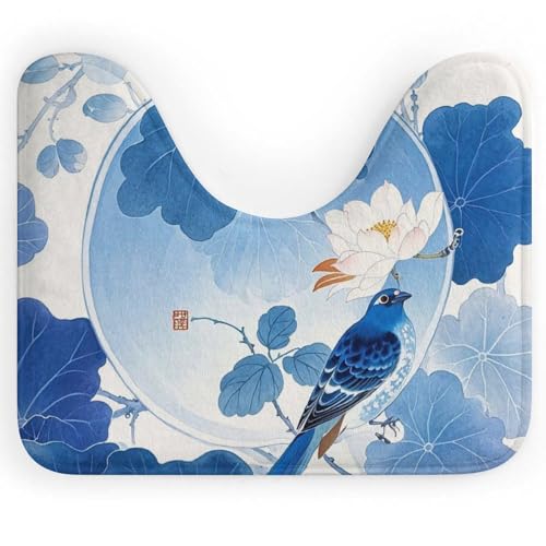 U-förmiger WC-Vorleger im chinesischen Stil mit Blume und Vogel – ultraweicher, super saugfähiger Badteppich mit rutschfester Unterseite, schnell trocknend, waschbar, Badezimmermatte für ovalen von LPSADGF