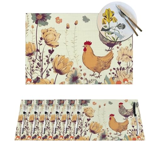 1 Platzdeckchen-Set, hitzebeständig, rutschfest, für Esstisch, Henne fliegende Schmetterlinge unter Blumen, PVC-gewebtes Tischset, abwischbar, waschbar, Küchentischmatten für drinnen und draußen, 30,5 von LPSRTWE