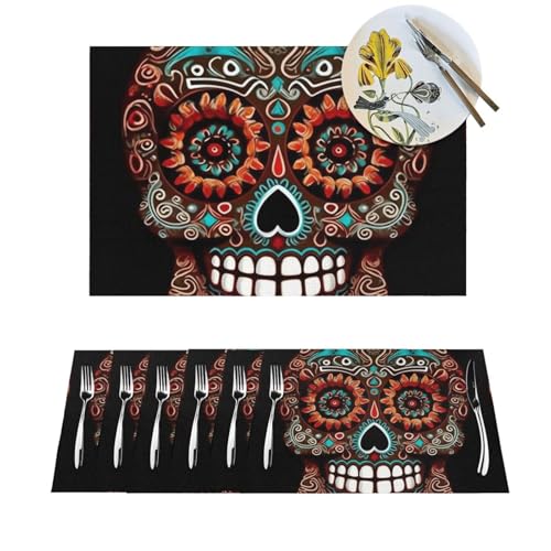 1 Platzdeckchen-Set, hitzebeständig, rutschfest, für Esstisch, Zuckerschädel, Tag der Toten, PVC-gewebtes Tischset, abwischbar, waschbar, Küchentischmatten für drinnen und draußen, 30,5 x 45,7 cm 1 Platzdeckchen-Set, hitzebeständig, rutschfest, für Esstisch, Zuckerschädel, Tag der Toten, PVC-gewebtes Tischset, abwischbar, waschbar, Küchentischmatten für drinnen und draußen, 30,5 x 45,7 cm von LPSRTWE
