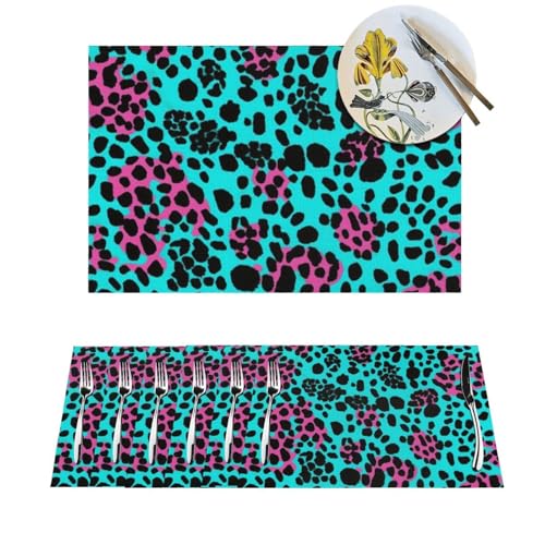 1 Platzdeckchen-Set, hitzebeständig, rutschfest, für den Esstisch, niedlicher türkisfarbener Leopardenmuster, PVC, gewebtes Tischset, abwischbar, waschbar, Küchentischmatten für drinnen und draußen 1 Platzdeckchen-Set, hitzebeständig, rutschfest, für den Esstisch, niedlicher türkisfarbener Leopardenmuster, PVC, gewebtes Tischset, abwischbar, waschbar, Küchentischmatten für drinnen und draußen von LPSRTWE