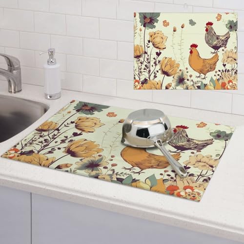 Abtropfmatte für Küchentheke, super saugfähig, Mikrofaser, große Abtropfmatte, Henne fliegende Schmetterlinge unter Blumen, Kaffee-Bar-Matte für Arbeitsplatten, Abtropfmatte, 45,7 x 61 cm Abtropfmatte für Küchentheke, super saugfähig, Mikrofaser, große Abtropfmatte, Henne fliegende Schmetterlinge unter Blumen, Kaffee-Bar-Matte für Arbeitsplatten, Abtropfmatte, 45,7 x 61 cm von LPSRTWE