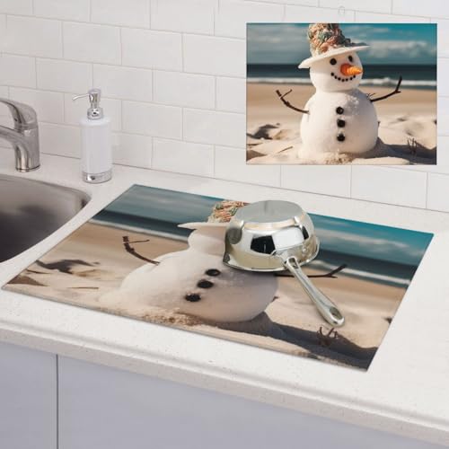 Abtropfmatte für Küchentheke, super saugfähig, Mikrofaser, große Abtropfmatte, Schneemann am Sandstrand, Kaffee-Bar-Matte für Arbeitsplatten, Geschirr-Abtropfmatte, 45,7 x 61 cm von LPSRTWE
