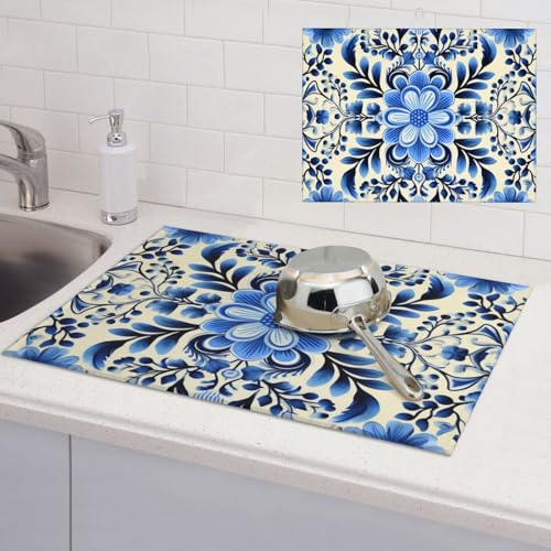 Abtropfmatte für Küchentheke, super saugfähig, Mikrofaser, große Abtropfmatte, blaue Folk-Kunst-Kaffee-Bar-Matte für Arbeitsplatten, Geschirr-Abtropfmatte, 45,7 x 61 cm Abtropfmatte für Küchentheke, super saugfähig, Mikrofaser, große Abtropfmatte, blaue Folk-Kunst-Kaffee-Bar-Matte für Arbeitsplatten, Geschirr-Abtropfmatte, 45,7 x 61 cm von LPSRTWE