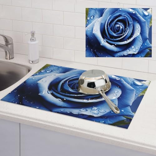Abtropfmatte für Küchentheke, super saugfähig, Mikrofaser, große Abtropfmatte, schöne blaue Rose, Illustration, Kaffee-Bar-Matte für Arbeitsplatten, Geschirr-Trockenpad, 45,7 x 61 cm Abtropfmatte für Küchentheke, super saugfähig, Mikrofaser, große Abtropfmatte, schöne blaue Rose, Illustration, Kaffee-Bar-Matte für Arbeitsplatten, Geschirr-Trockenpad, 45,7 x 61 cm von LPSRTWE