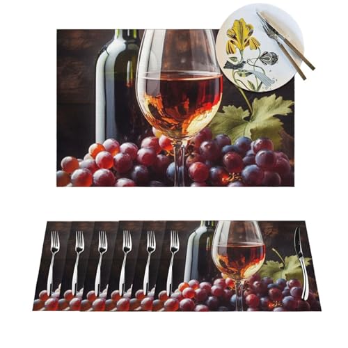 Platzdeckchen-Set, hitzebeständig, rutschfest, für Esstisch, Kunst, Rotweingläser und Trauben, PVC, gewebtes Tischset, abwischbar, waschbar, Küchentischmatten für drinnen und draußen, 30,5 x 45,7 cm von LPSRTWE