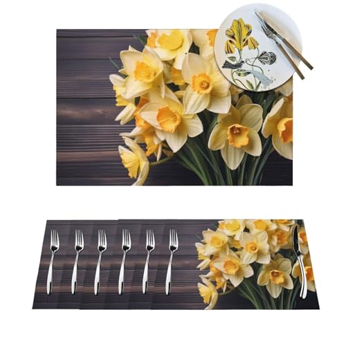 Platzdeckchen-Set, hitzebeständig, rutschfest, für Esstisch, Narzissenstrauß, PVC, gewebt, abwischbar, waschbar, Küchentischmatten für drinnen und draußen, 30,5 x 45,7 cm, 4 Stück Platzdeckchen-Set, hitzebeständig, rutschfest, für Esstisch, Narzissenstrauß, PVC, gewebt, abwischbar, waschbar, Küchentischmatten für drinnen und draußen, 30,5 x 45,7 cm, 4 Stück von LPSRTWE