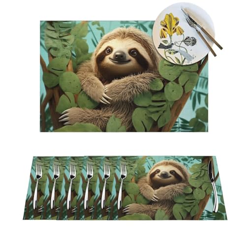 Platzdeckchen-Set, hitzebeständig, rutschfest, für Esstisch, Umarmung, Baum, Faultier, PVC, gewebtes Tischset, abwischbar, waschbar, Küchentischmatten für drinnen und draußen, 30,5 x 45,7 cm, 6 Stück von LPSRTWE