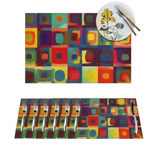 Platzdeckchen-Set, hitzebeständig, rutschfest, für Esstisch, abstrakte Kunstquadrate, PVC, gewebt, abwischbar, waschbar, Küchentischmatten für drinnen und draußen, 30,5 x 45,7 cm, 6 Stück Platzdeckchen-Set, hitzebeständig, rutschfest, für Esstisch, abstrakte Kunstquadrate, PVC, gewebt, abwischbar, waschbar, Küchentischmatten für drinnen und draußen, 30,5 x 45,7 cm, 6 Stück von LPSRTWE