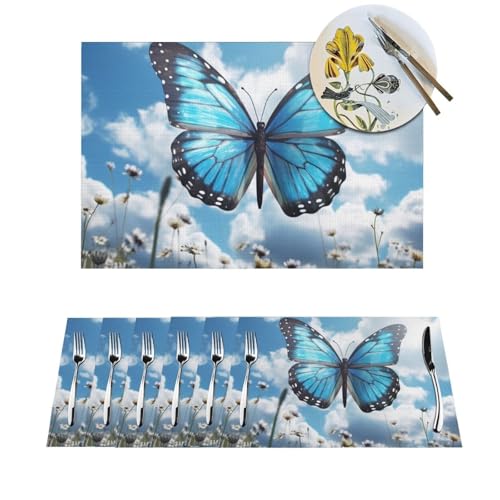 Platzdeckchen-Set, hitzebeständig, rutschfest, für Esstisch, blauer Schmetterling und Wolken, PVC-gewebtes Tischset, abwischbar, waschbar, Küchentischmatten für drinnen und draußen, 30,5 x 45,7 cm, 4 von LPSRTWE