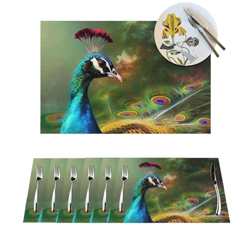 Platzdeckchen-Set, hitzebeständig, rutschfest, für Esstisch, bunter Pfau, PVC, gewebt, abwischbar, waschbar, Küchentischmatten für drinnen und draußen, 30,5 x 45,7 cm, 4 Stück Platzdeckchen-Set, hitzebeständig, rutschfest, für Esstisch, bunter Pfau, PVC, gewebt, abwischbar, waschbar, Küchentischmatten für drinnen und draußen, 30,5 x 45,7 cm, 4 Stück von LPSRTWE