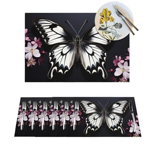 Platzdeckchen-Set, hitzebeständig, rutschfest, für Esstisch, schwarz-weiß, Schmetterling, PVC, gewebtes Tischset, abwischbar, waschbar, Küchentischmatten für drinnen und draußen, 30,5 x 45,7 cm, 4 Platzdeckchen-Set, hitzebeständig, rutschfest, für Esstisch, schwarz-weiß, Schmetterling, PVC, gewebtes Tischset, abwischbar, waschbar, Küchentischmatten für drinnen und draußen, 30,5 x 45,7 cm, 4 von LPSRTWE