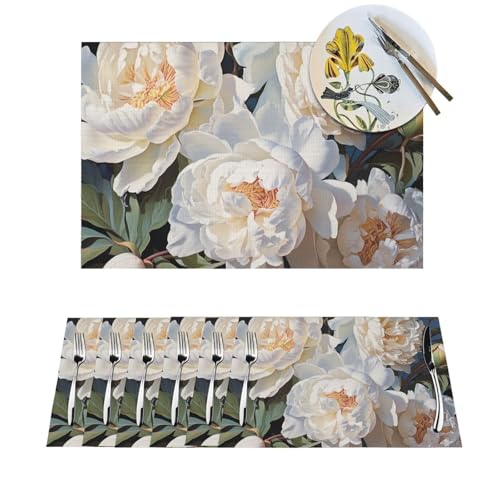 Platzdeckchen-Set, hitzebeständig, rutschfest, für Esstisch, weiße Pfingstrosen, PVC, gewebtes Tischset, abwischbar, waschbar, Küchentischmatten für drinnen und draußen, 30,5 x 45,7 cm, 4 Stück Platzdeckchen-Set, hitzebeständig, rutschfest, für Esstisch, weiße Pfingstrosen, PVC, gewebtes Tischset, abwischbar, waschbar, Küchentischmatten für drinnen und draußen, 30,5 x 45,7 cm, 4 Stück von LPSRTWE