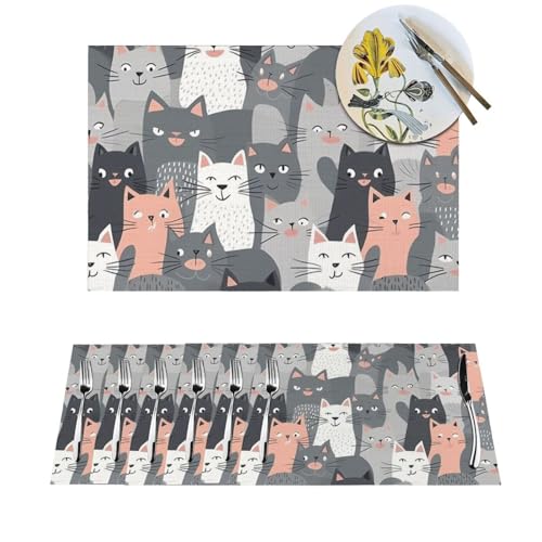 Platzdeckchen-Set, hitzebeständig, rutschfest, für den Esstisch, niedliches lustiges graues Katzenmuster, PVC, gewebtes Tischset, abwischbar, waschbar, Küchentischmatten für drinnen und draußen, 30,5 von LPSRTWE