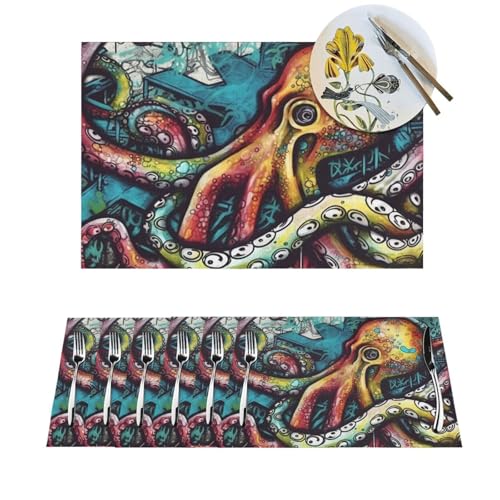 Tischset-Set, hitzebeständig, rutschfest, für Esstisch, Farbe: Graffiti, Oktopus, PVC, gewebtes Tischset, abwischbar, waschbar, Küchentischmatten für drinnen und draußen, 30,5 x 45,7 cm, 1 Stück Tischset-Set, hitzebeständig, rutschfest, für Esstisch, Farbe: Graffiti, Oktopus, PVC, gewebtes Tischset, abwischbar, waschbar, Küchentischmatten für drinnen und draußen, 30,5 x 45,7 cm, 1 Stück von LPSRTWE