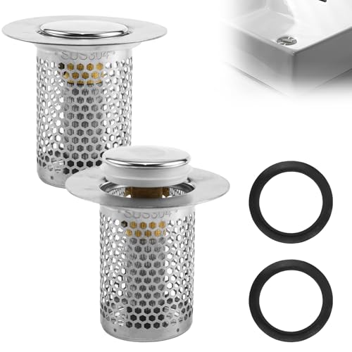 LPZMPZ 2 Stück Waschbeckenstöpsel mit Sieb Abflusssieb Bodenablauf Filter aus Edelstahl, Messing Core pop up Ventil Waschbecken, für 33-55mm Abflussloch von LPZMPZ